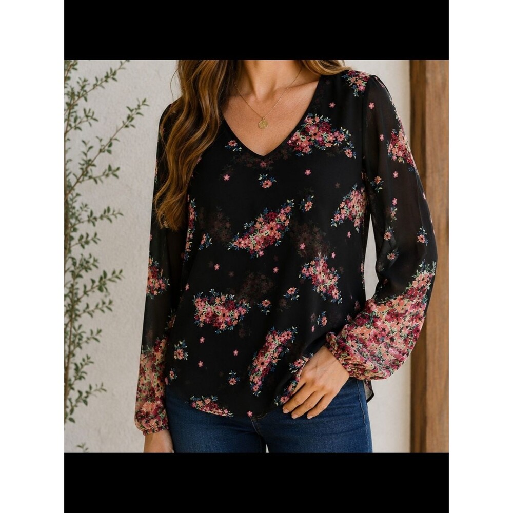 Cabi Floral Sheer Blouse  Sz M  Black Pink Long Sleeve Boho Peasant Top